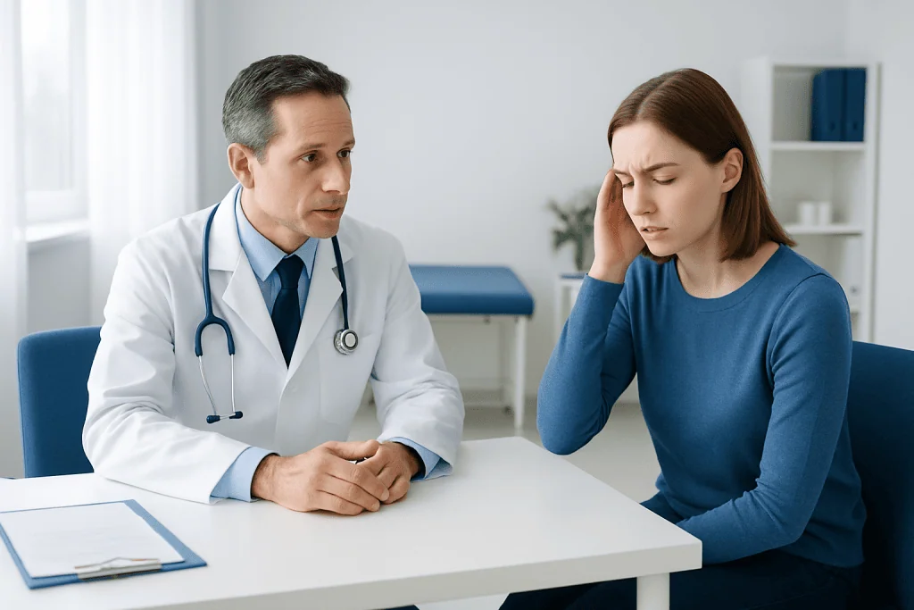 Doctor consulting a young woman with headache in a medical office.