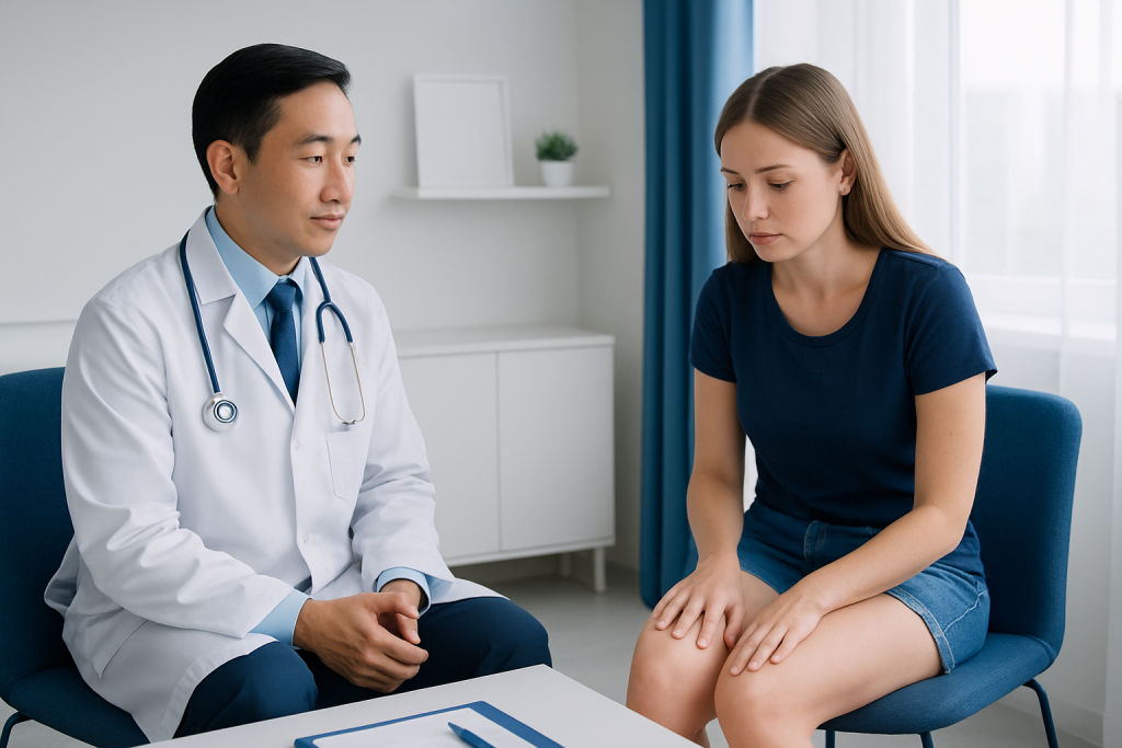 Doctor consulting with a young woman in a medical office.