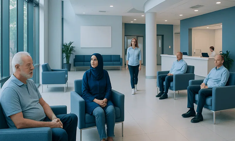 Patients waiting in a modern hospital lobby in Turkey.