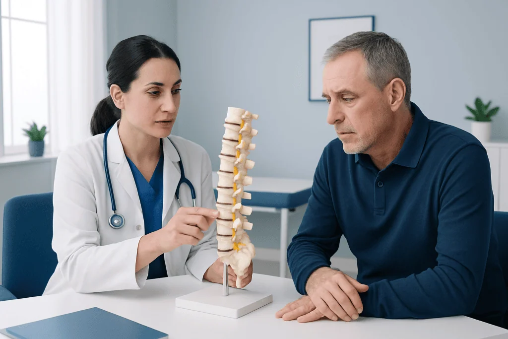 Doctor explaining spinal disc model to patient in consultation room.