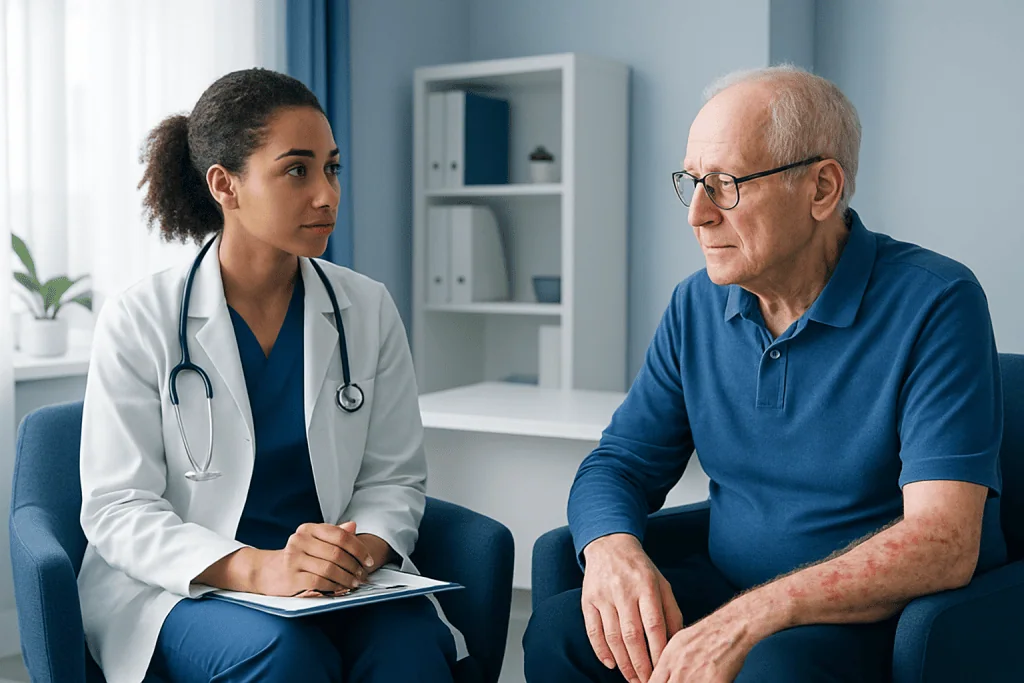 Doctor consulting with elderly patient in a medical office.