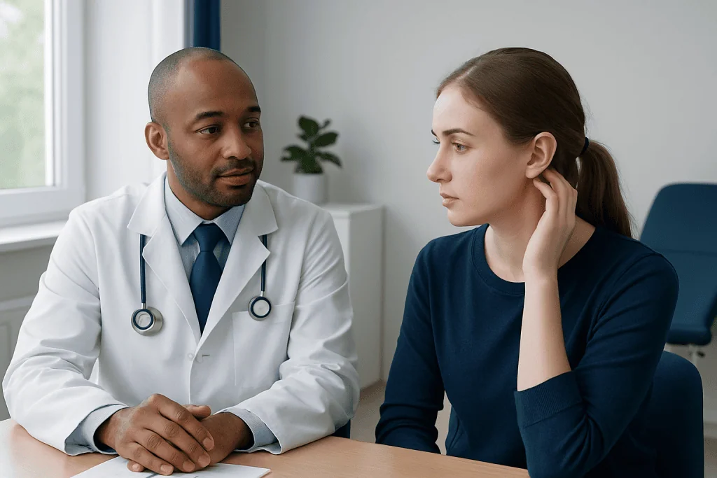 Doctor consulting with a young woman about her health in a medical office.