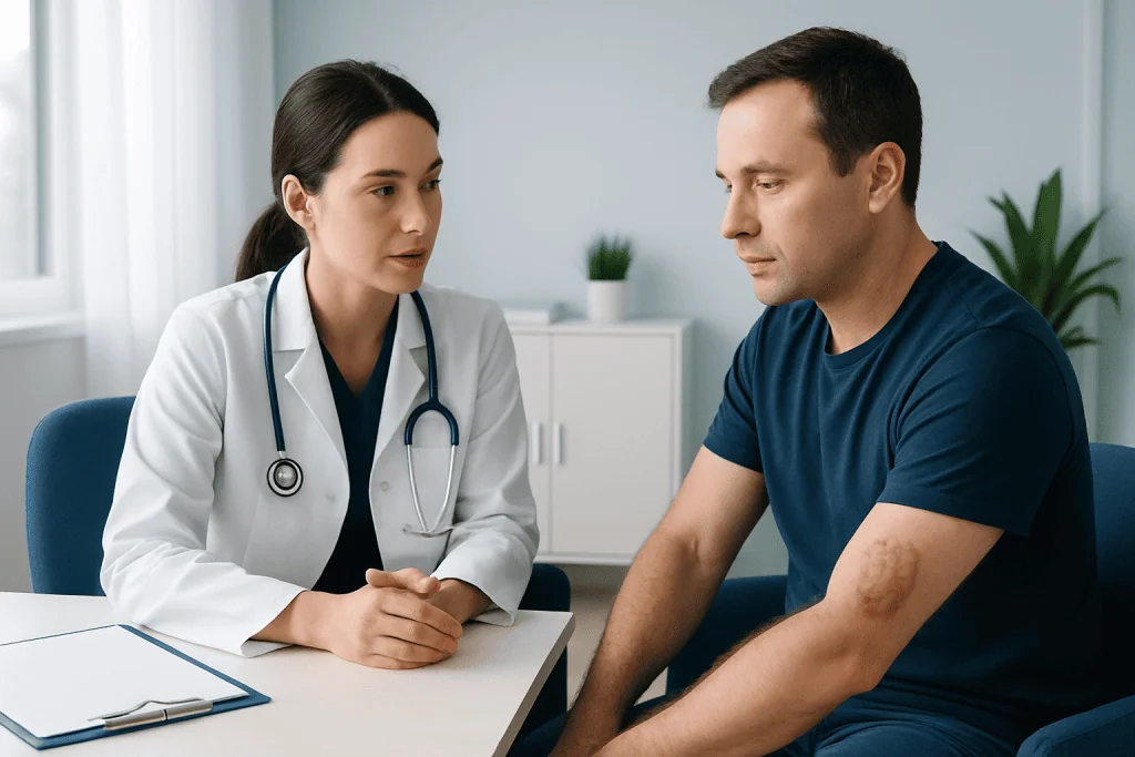 Doctor consulting patient with burn scars in a medical office.