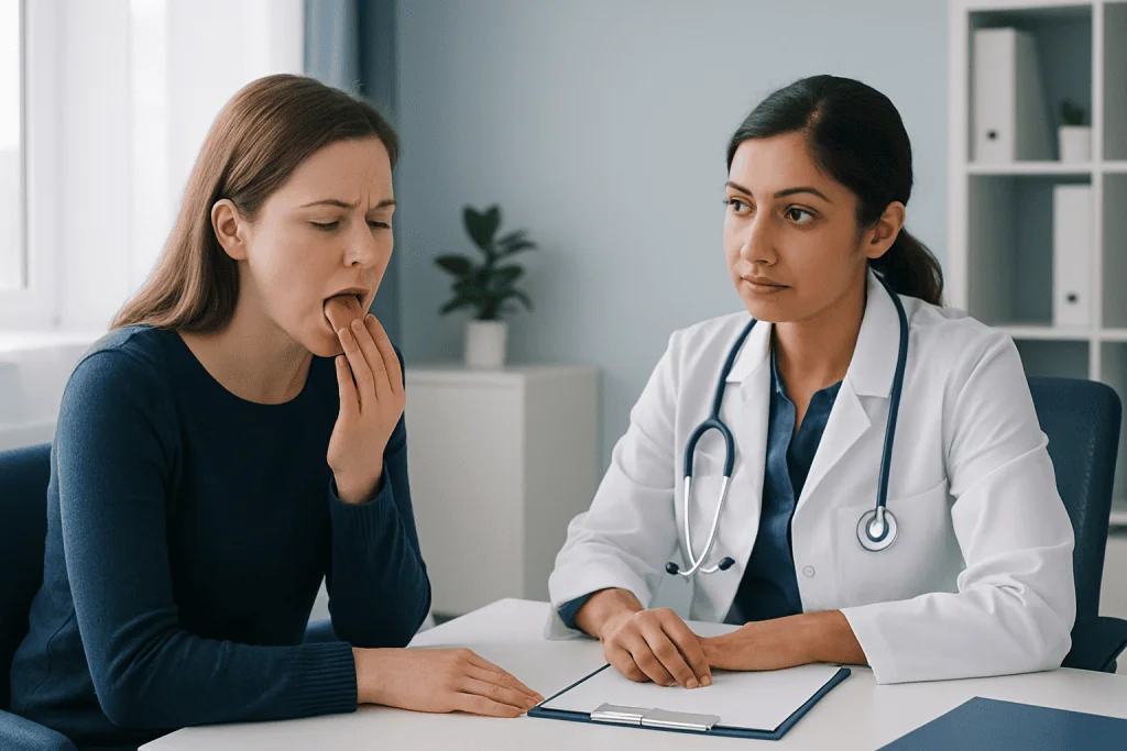 Doctor examines patient with sore throat in consultation room.