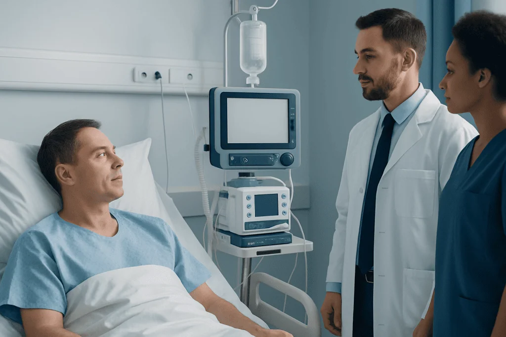 Doctor consulting with patient in hospital room with medical equipment.