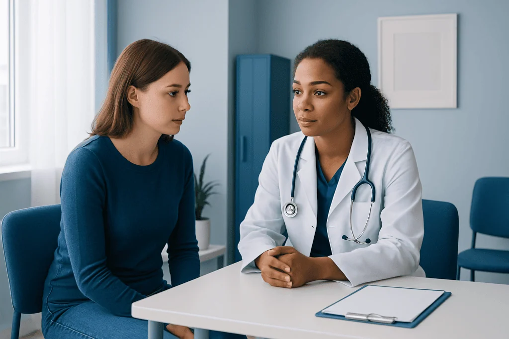 Doctor consulting with a young woman in a medical office setting.