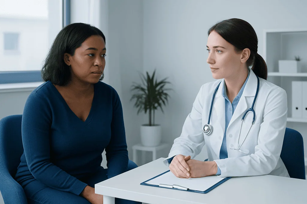 Doctor consulting patient about bacterial vaginosis symptoms and treatment options.