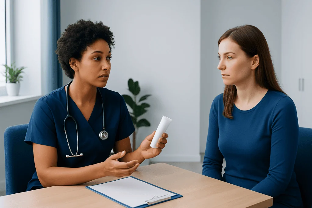 Doctor explaining treatment options to a patient in a consultation room.