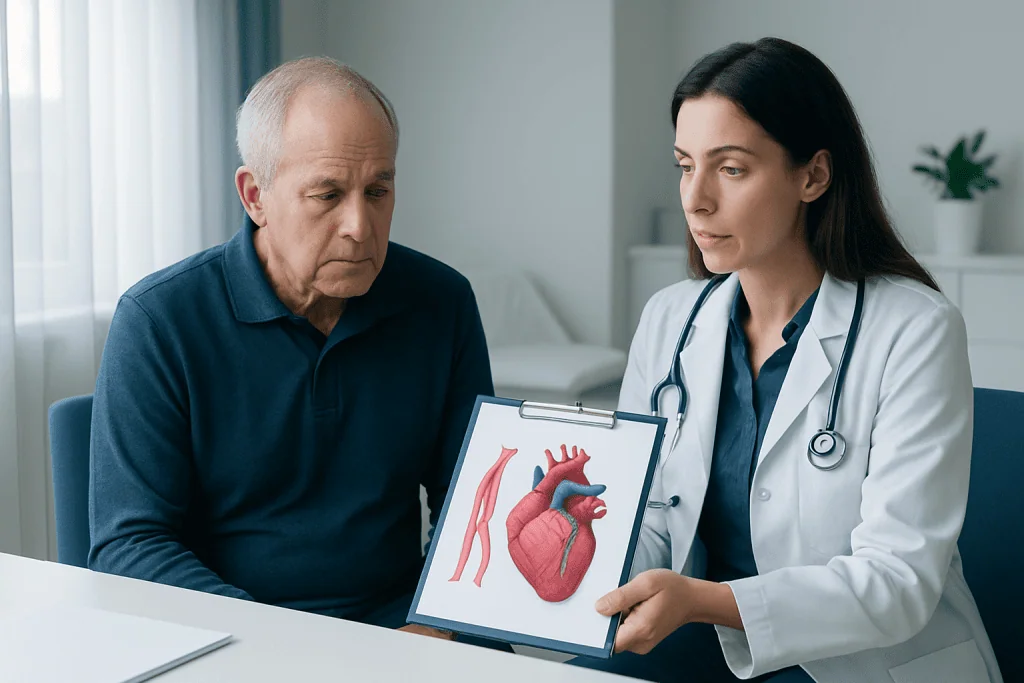 Doctor explaining heart diagram to an elderly patient in a consultation room.