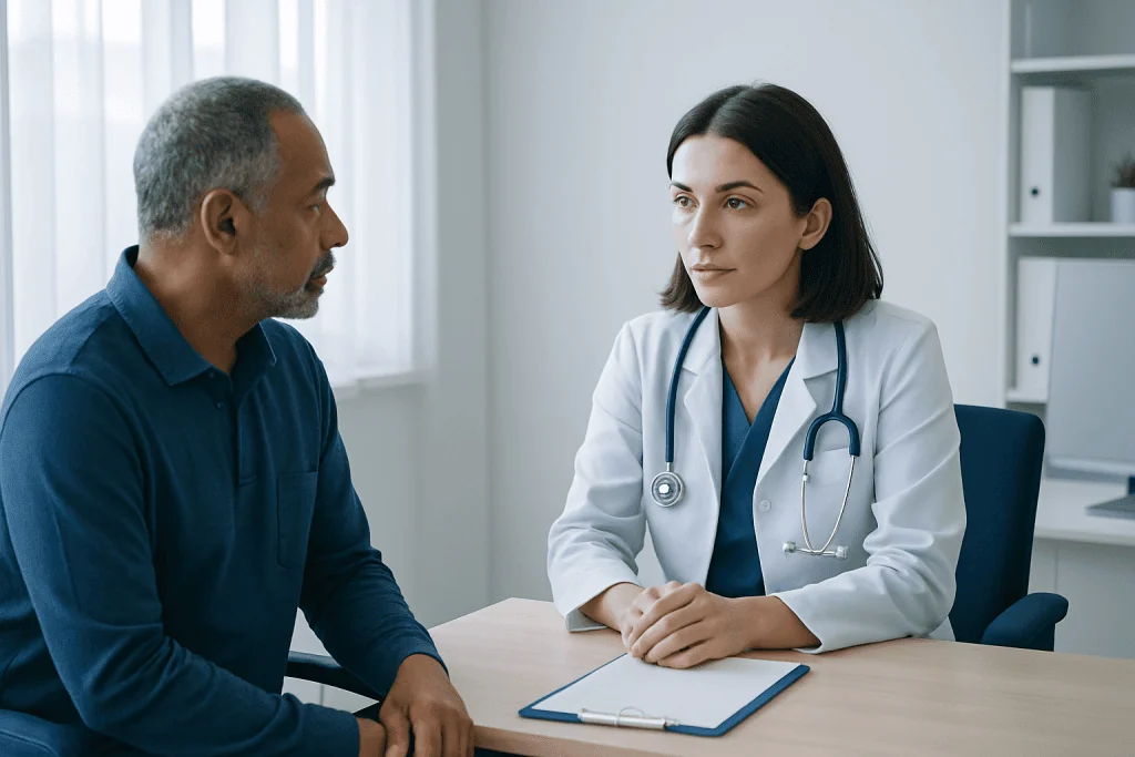 Doctor consulting with a patient in a medical office setting.