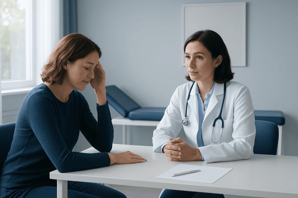 Patient consulting with a doctor in a medical office setting.