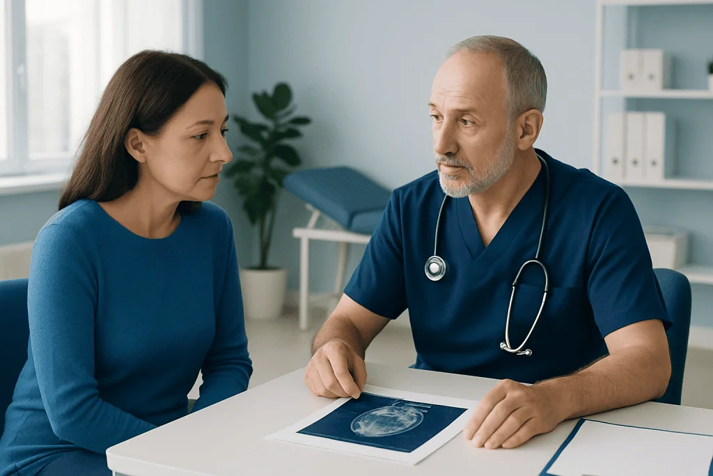 Doctor explaining calcification to a patient in a medical consultation.
