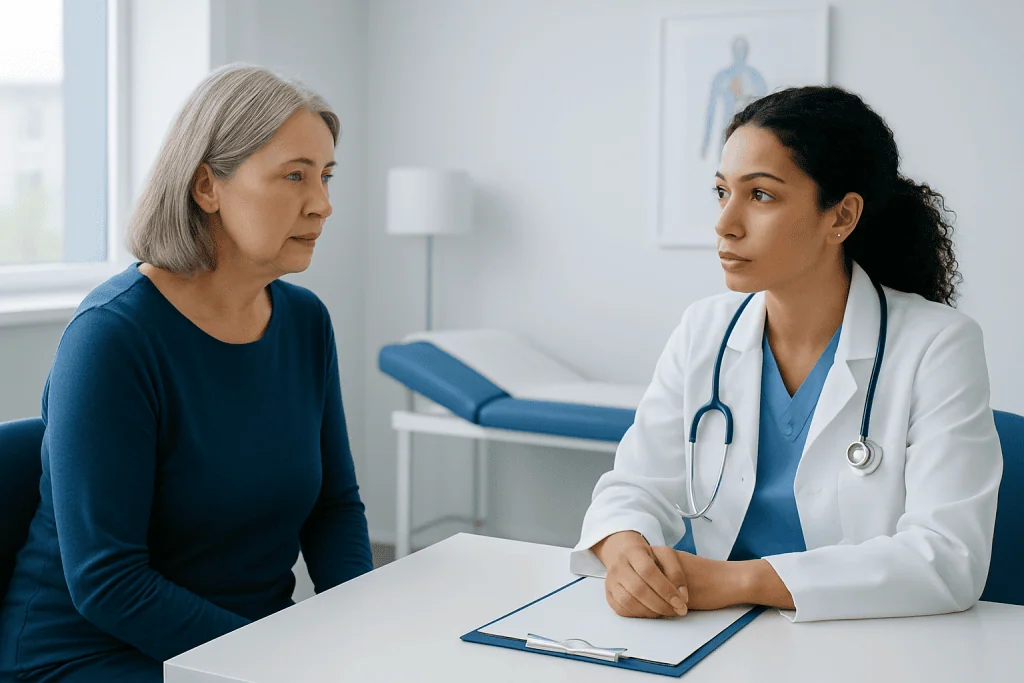 Doctor consulting with an older female patient in a medical office.
