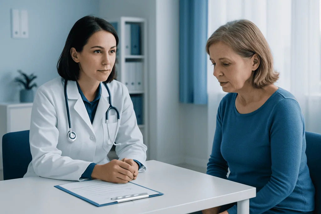 Doctor consulting with an older female patient in a medical office.