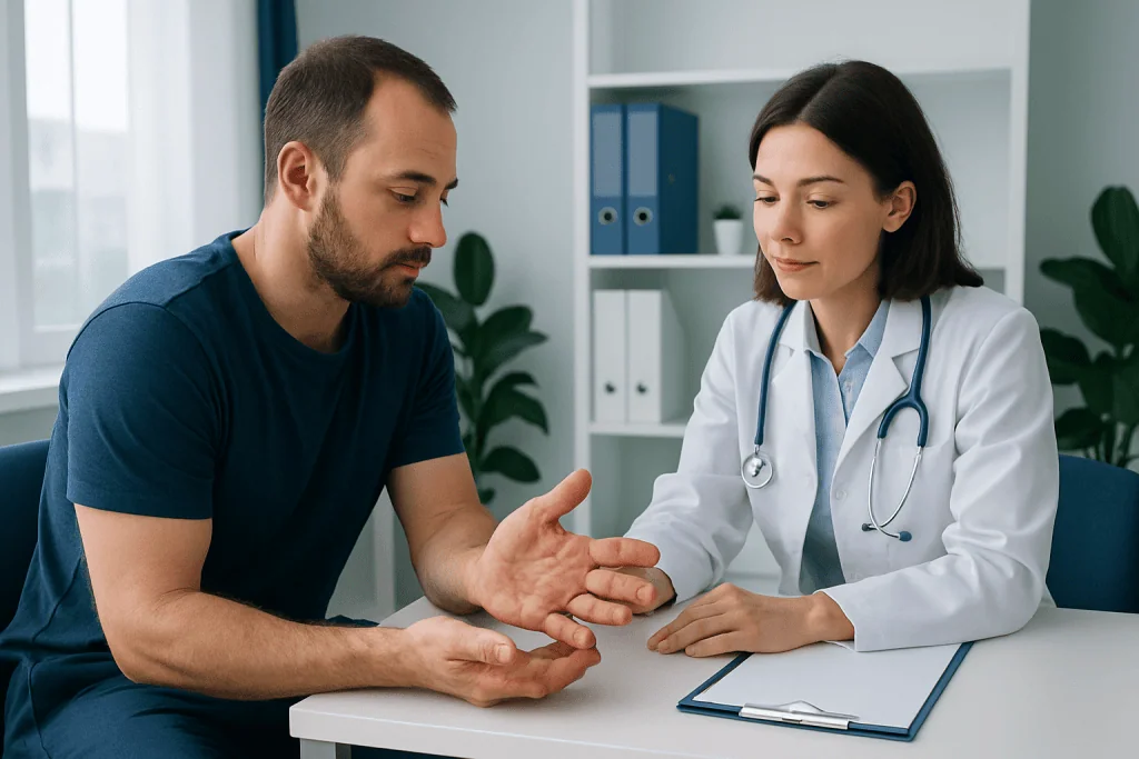 Doctor consulting with patient about hand health in a medical office.