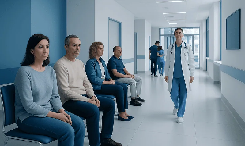 Patients waiting in hospital corridor with medical staff nearby.