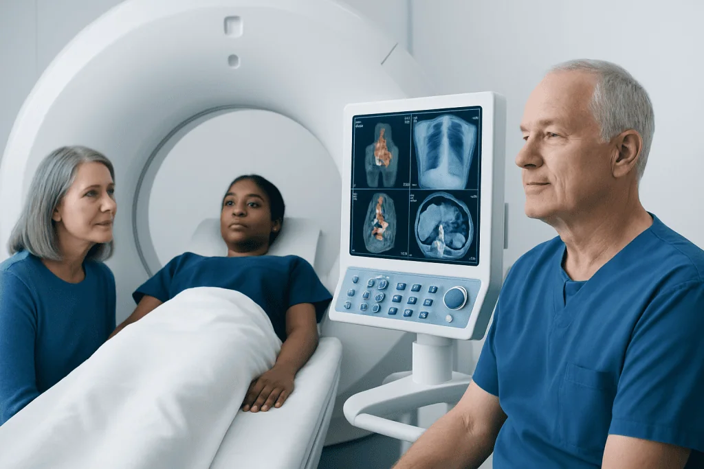 Medical team reviewing brain scan images in a hospital setting.