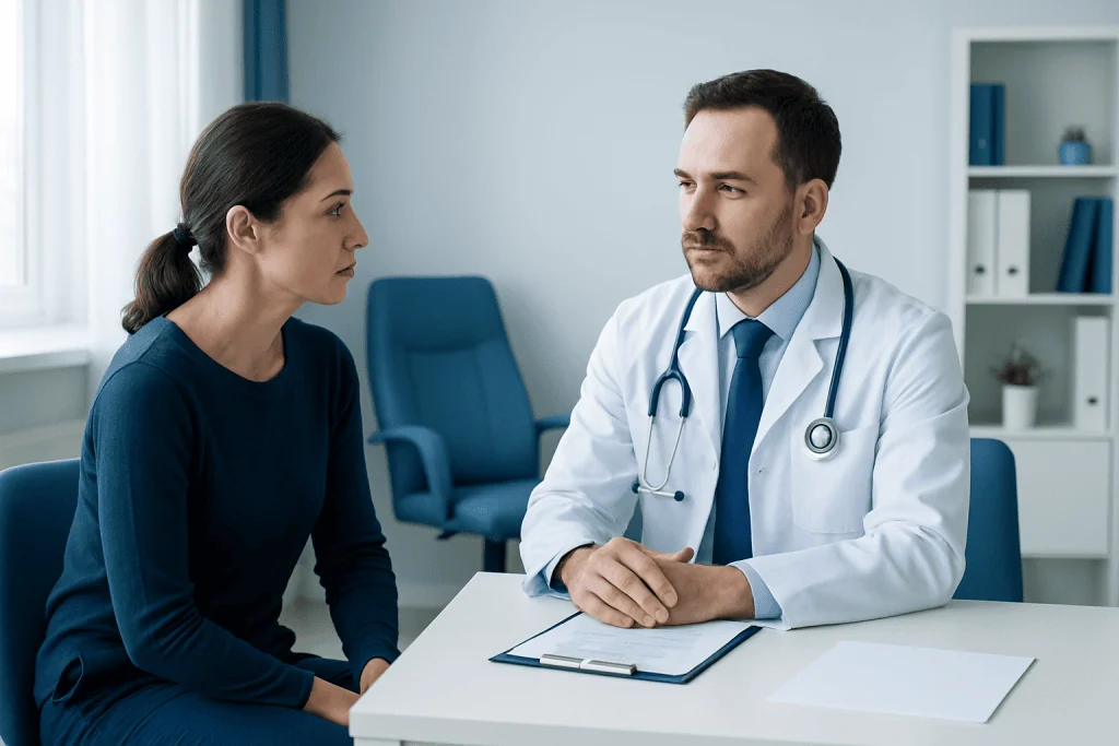 Doctor consulting with a female patient in a modern medical office.