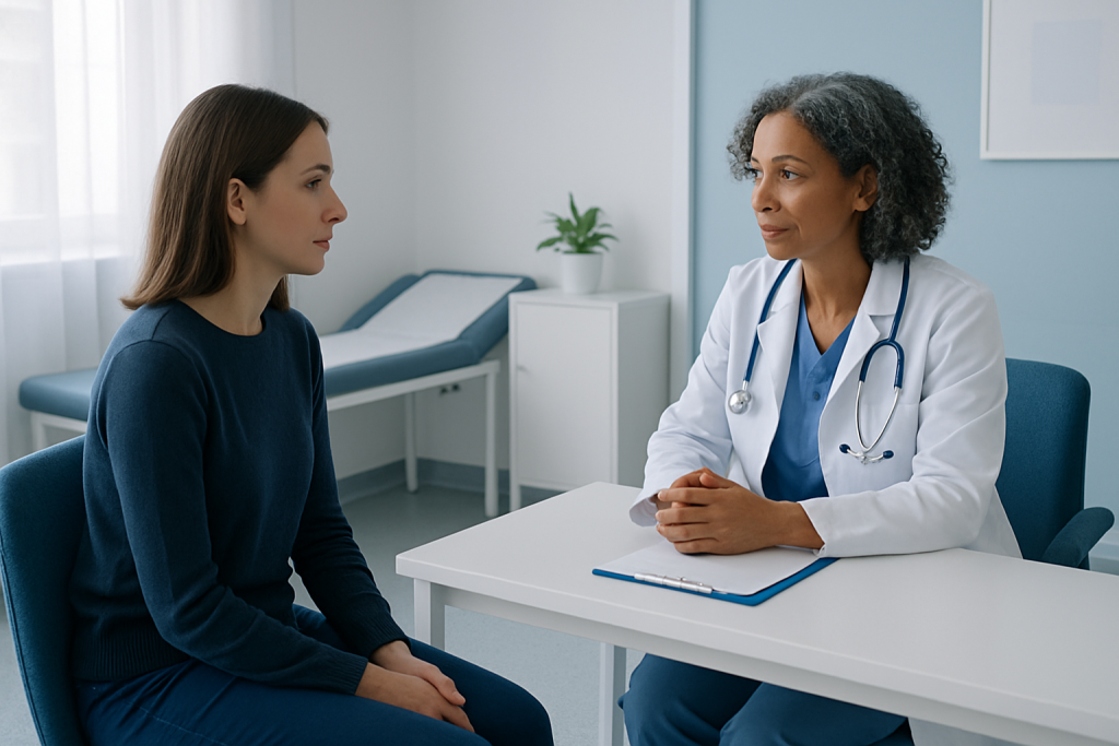 Doctor consulting with a patient in a modern medical office.