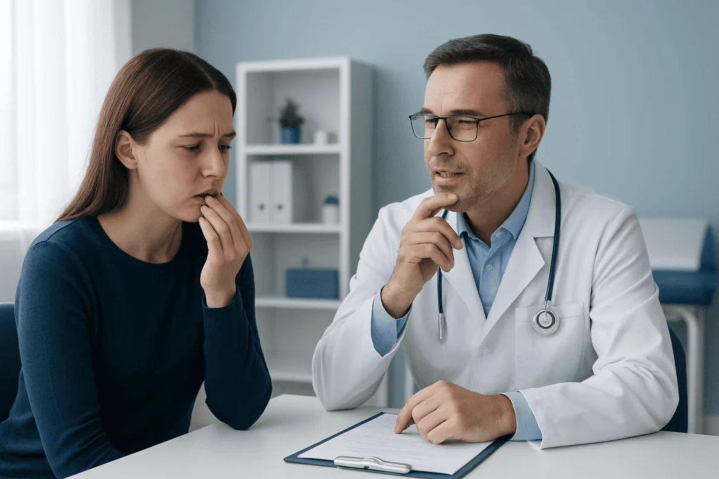 Doctor consulting with young woman about oral health issues.