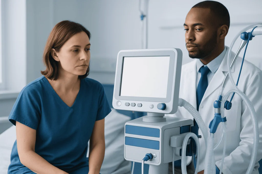 Doctor explaining medical results to a patient in a hospital room.