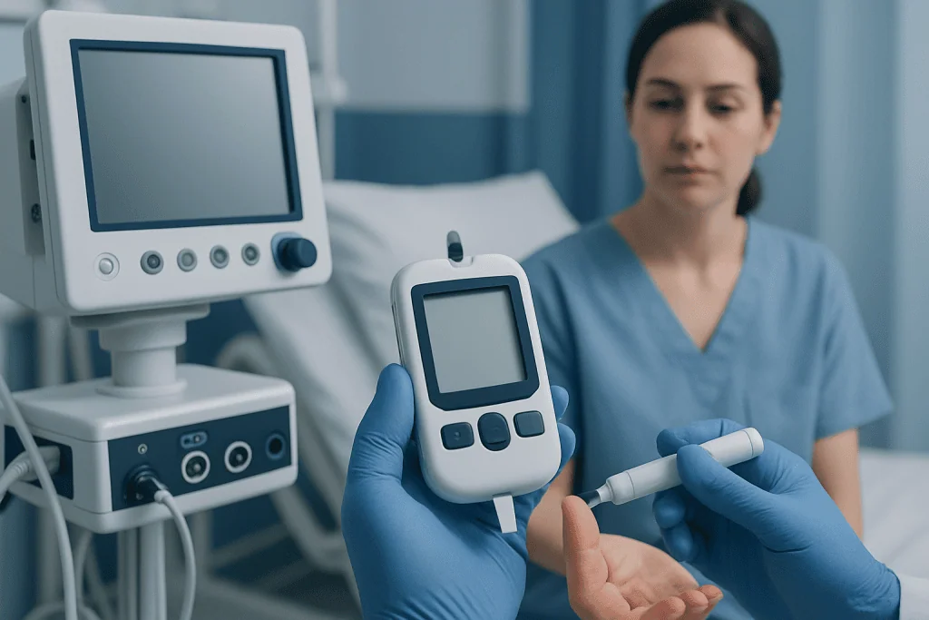Medical professional preparing a blood glucose monitor for a patient.