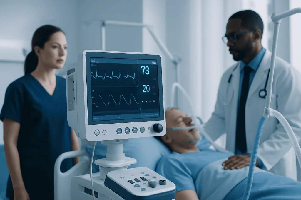 Medical professionals monitor a patient on a heart rate screen in hospital.