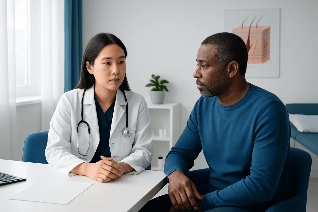 Doctor consulting with a male patient in a medical office.