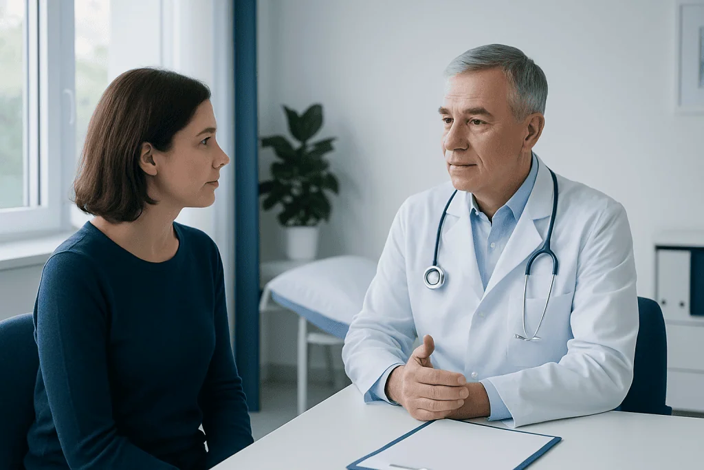 Doctor consulting with a female patient in a hospital room.