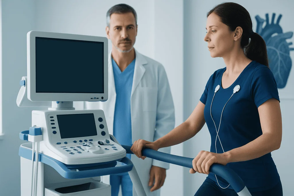 Medical professional performing an echocardiogram on a patient in a hospital.