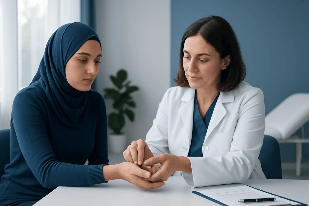 Doctor examining patient's wrist for carpal tunnel syndrome diagnosis.