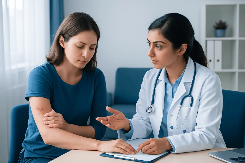 Doctor consulting with patient about skin bites in a clinical setting.