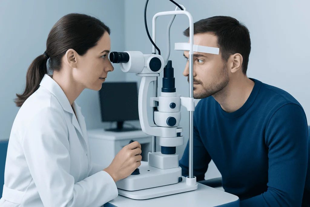 Optometrist examines patient's eyes with slit lamp at Acibadem Hospital.