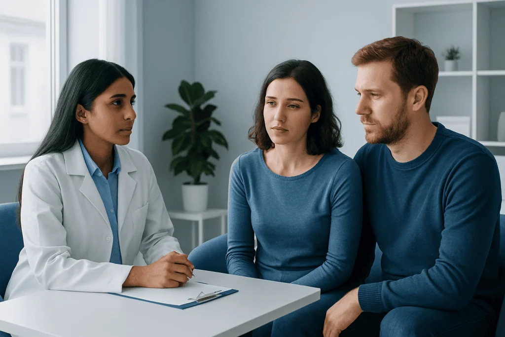 Doctor consulting with a couple in a medical office setting.