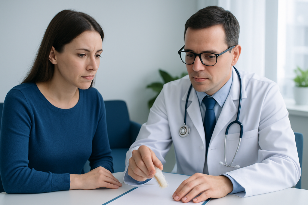Doctor explaining treatment options to a female patient in a clinic setting.