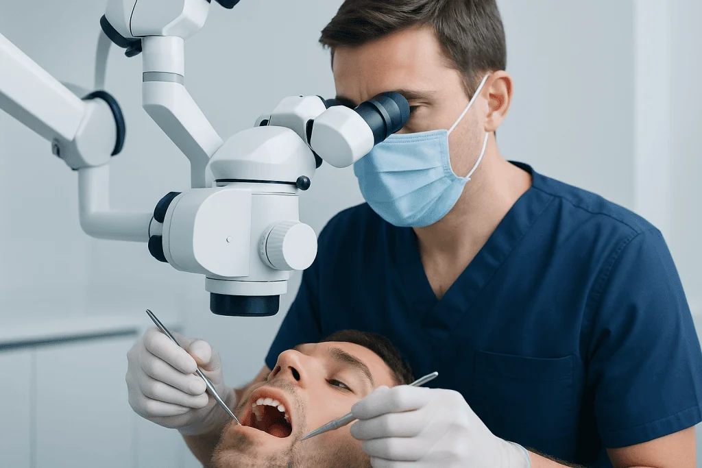 Dentist examining patient's teeth with a microscope in a dental clinic.