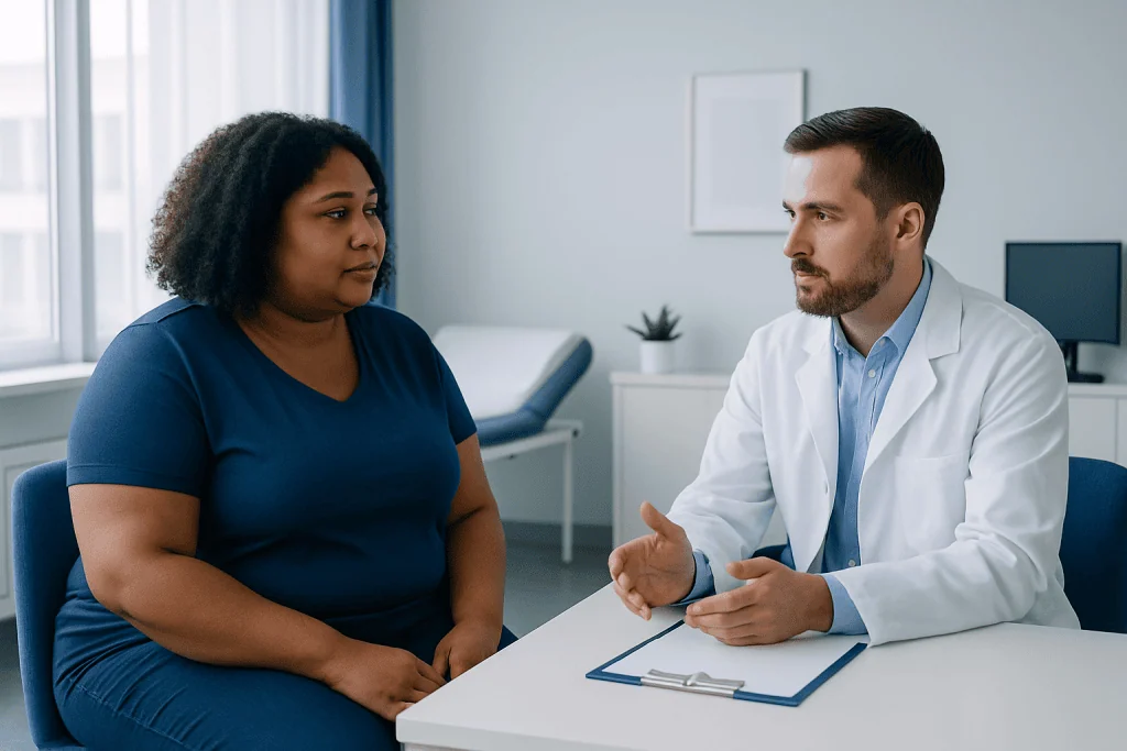 Doctor consulting with a patient in a medical office setting.
