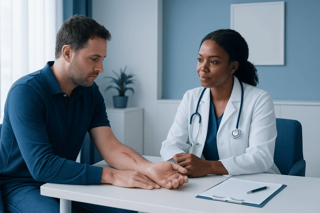 Doctor examining patient's arm in a medical consultation at Acibadem Hospital.