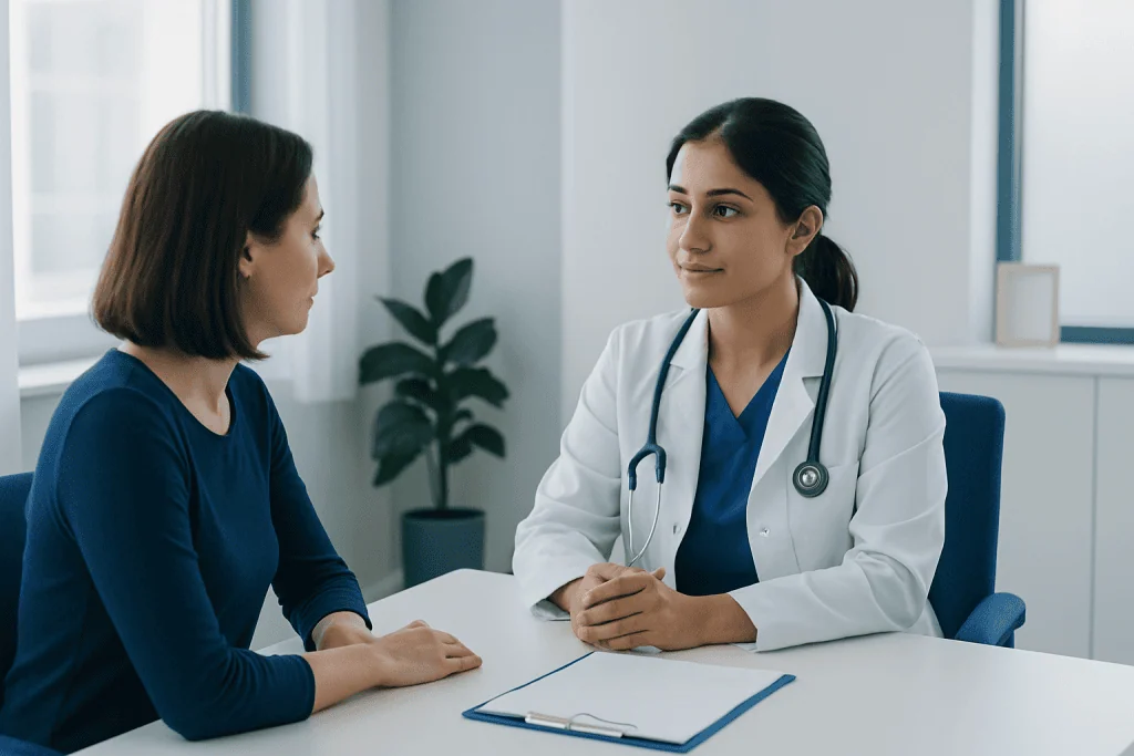 Doctor consulting with a patient in a modern medical office.