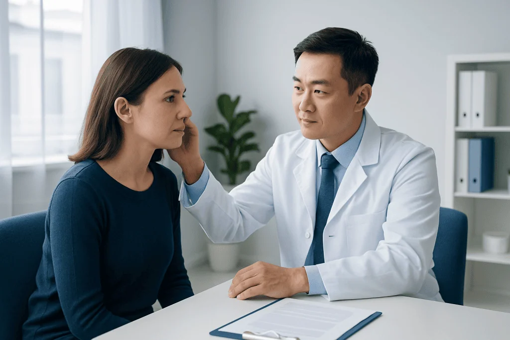 Doctor consulting with a female patient in a medical office setting.