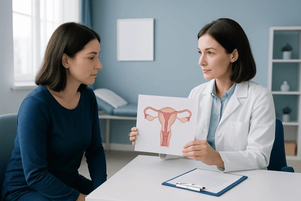 Gynecologist explaining cervical anatomy to patient with illustration.