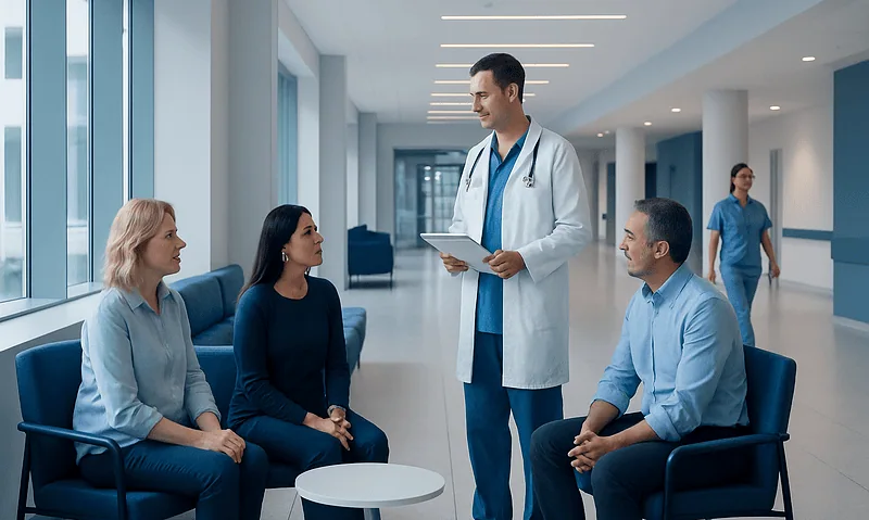 Doctor consulting with patients in a modern hospital corridor.