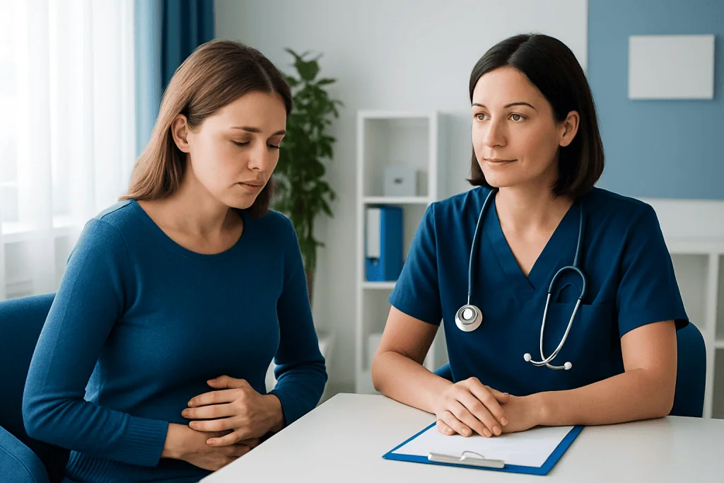 Doctor consulting with a patient about pregnancy concerns in a medical office.