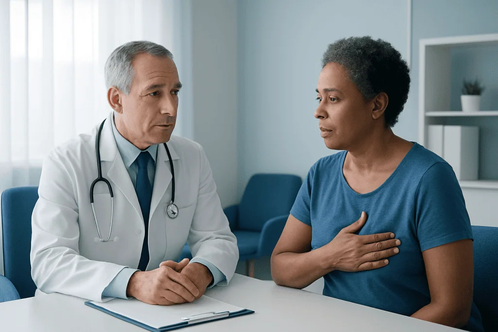 Doctor consulting with a woman patient in a medical office.