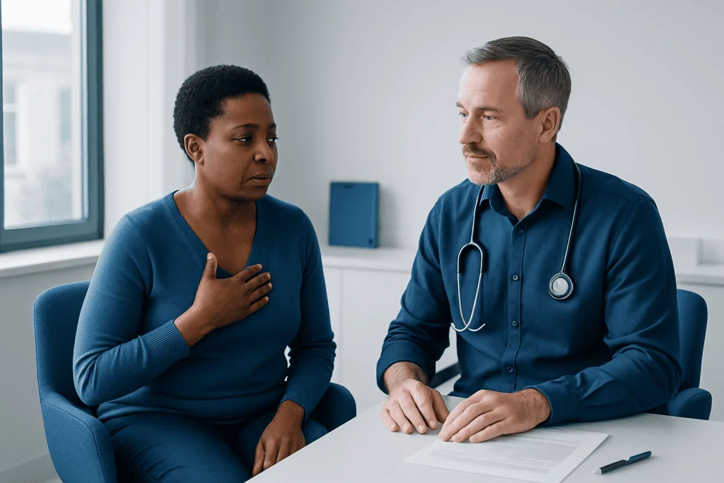 Doctor discussing silent heart symptoms with patient in consultation room.