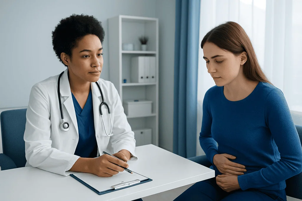 Doctor consulting with a patient about digestive health and constipation.