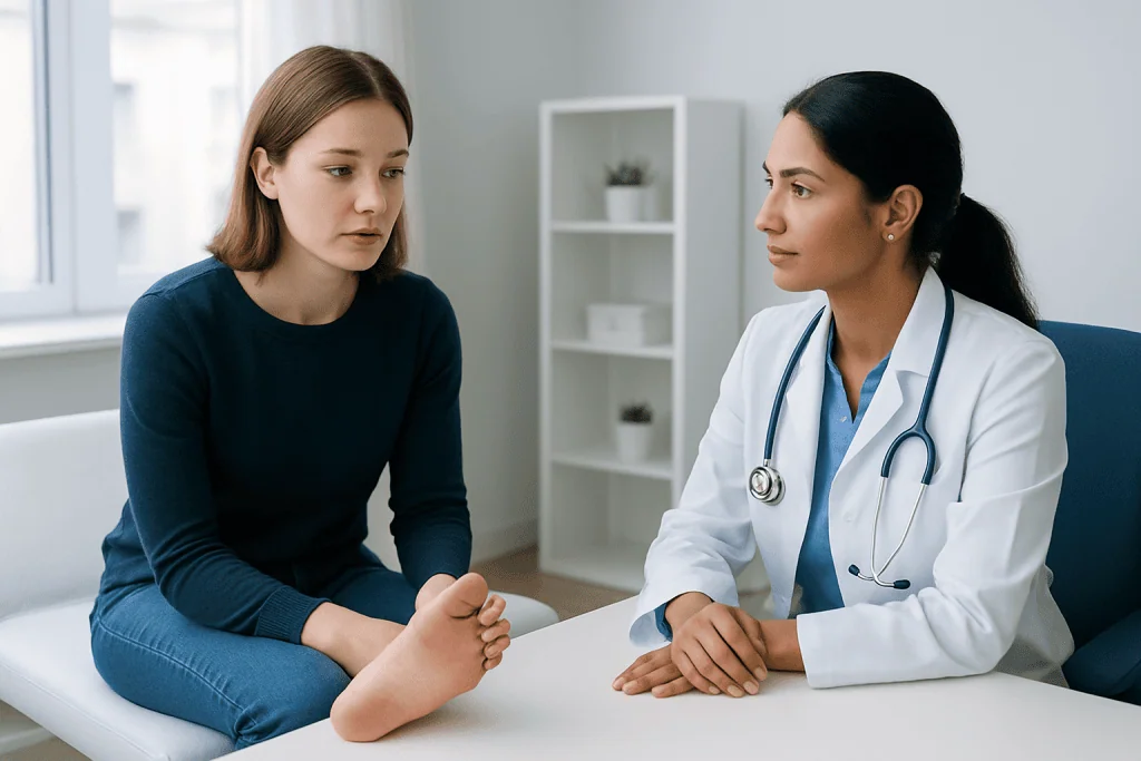 Doctor consulting with a patient about foot health in a medical office.