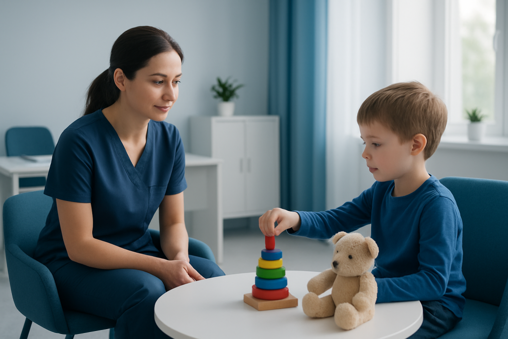 Child and therapist engaging in play therapy session at clinic.