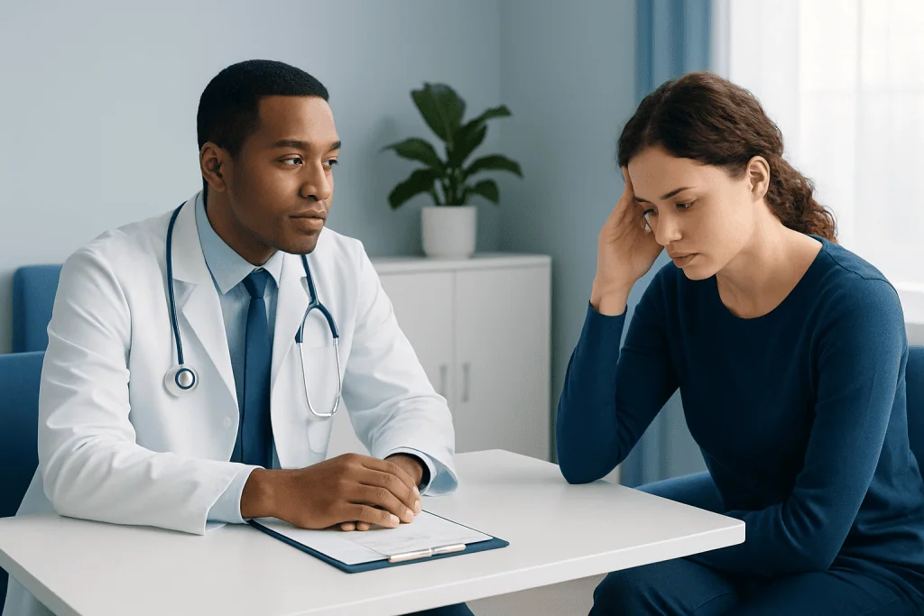 Doctor consulting with a patient about health concerns in a medical office.