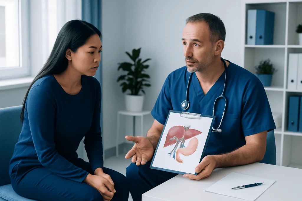 Doctor explaining liver and gallbladder to patient in a medical consultation.